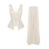 Bluzat Brown Cream Linen-style Set With Wide Legs In Brown