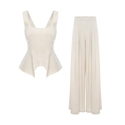 Bluzat Brown Cream Linen-style Set With Wide Legs