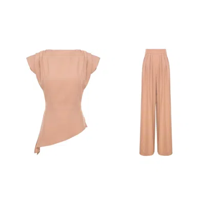 Bluzat Brown / Gold / Neutrals Caramel Beige Set With Top And Palazzo Pants In Multi