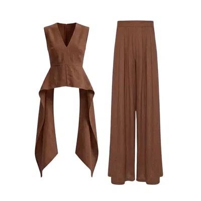 Bluzat Brown Linen Peplum Top & Wide-leg Trousers Set