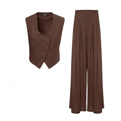 Bluzat Brown Linen Set With Fitted Vest And Wide-leg Trousers