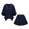 Bluzat Denim Blue Asymmetrical Two-piece Set With Bubble Skirt In Blue