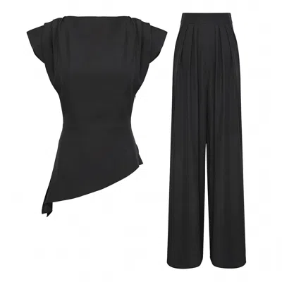 Bluzat Elegant Black Fluid Viscose Crepe Set With Structured Shoulder Top And Palazzo Pants