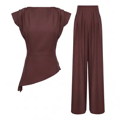 Bluzat Elegant Brown Fluid Viscose Crepe Set With Structured Shoulder Top And Palazzo Pants