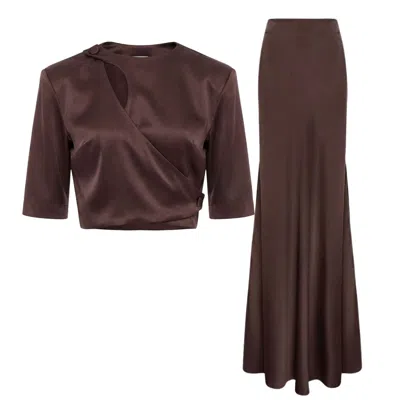 Bluzat Elegant Brown Set – Blouse With Decorative Cut-out And Long Skirt