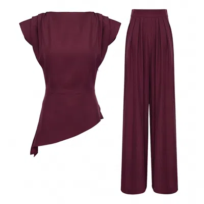 Bluzat Elegant Burgundy Fluid Viscose Crepe Set With Structured Shoulder Top And Palazzo Pants In Red