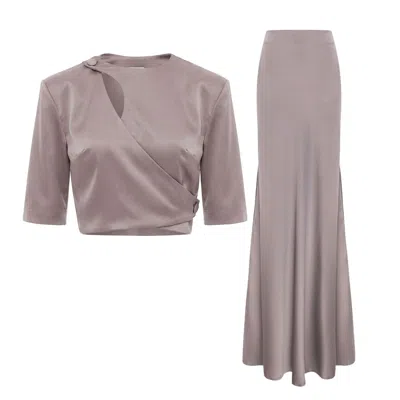 Bluzat Elegant Grey Set – Blouse With Decorative Cut-out And Long Skirt In Brown