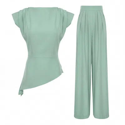 Bluzat Green Elegant Mint Fluid Viscose Crepe Set With Structured Shoulder Top And Palazzo Pants