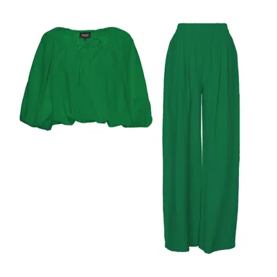 Bluzat Green Linen Matching Set With Flowy Blouse And Wide Leg Trousers