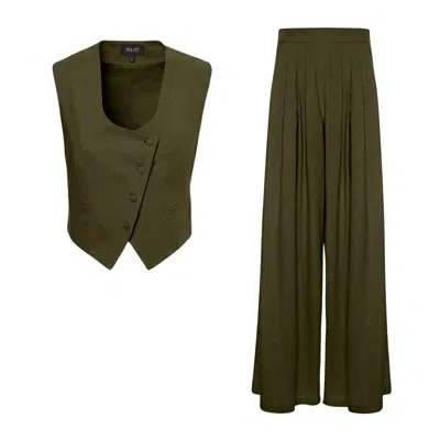 Bluzat Green Linen Set With Fitted Vest And Wide-leg Trousers