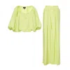 Bluzat Green Neon Linen Matching Set With Flowy Blouse And Wide Leg Trousers In Green