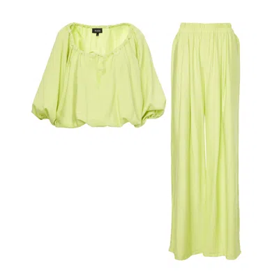 Bluzat Green Neon Linen Matching Set With Flowy Blouse And Wide Leg Trousers