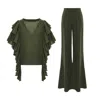 Bluzat Green Olive Co-ord Set With Ruffle Sleeve Top & Wide Leg Trousers In Green