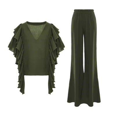 Bluzat Green Olive Co-ord Set With Ruffle Sleeve Top & Wide Leg Trousers