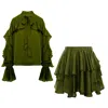 Bluzat Green Olive Set With V Neck Shirt & Ruffle Skirt In Green