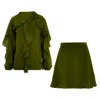 Bluzat Green Ruffle Two-piece Set With Tie-neck Blouse In Green