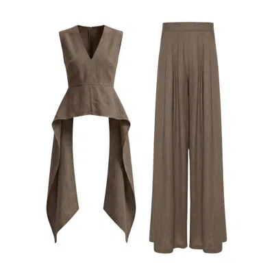 Bluzat Grey Linen Peplum Top & Wide-leg Trousers Set In Gray