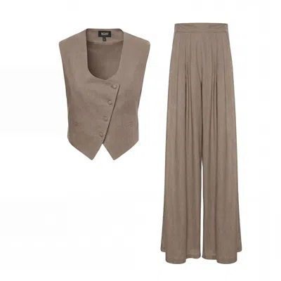 Bluzat Grey Linen Set With Fitted Vest And Wide-leg Trousers In Gray