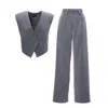 Bluzat Grey Pinstripe Suit With Asymmetrical Vest And Wide Leg Trousers In Grey