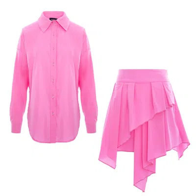 Bluzat Hot Pink Shirt Dress With Asymmetrical Ruffle Skirt
