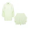 Bluzat Mint Green Balloon Sleeve Shirt And Ruffled Shorts Set In Green
