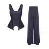 Bluzat Navy Blue Linen-style Set With Wide Legs In Blue