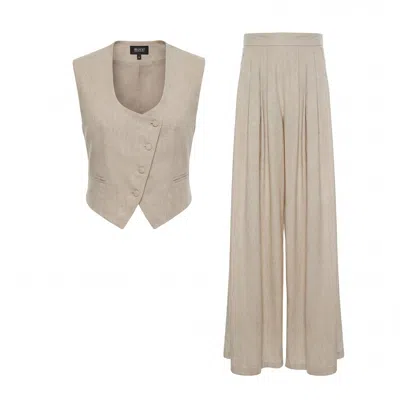 Bluzat Neutrals Beige Linen Set With Fitted Vest And Wide-leg Trousers In Sand