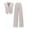 Bluzat Neutrals Beige Pinstriped Suit With Asymmetrical Vest And Wide Leg Trousers In Beige