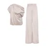 Bluzat Neutrals Beige Set With Asymmetrical Draped Top And Wide Leg Trousers In Beige