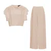 Bluzat Neutrals Beige Set With Ruffled T-shirt And Trousers With Slits In Beige
