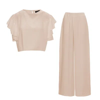 Bluzat Neutrals Beige Set With Ruffled T-shirt And Trousers With Slits