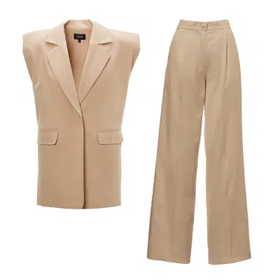 Bluzat Neutrals Beige Suit With Oversized Vest And Wide Leg Trousers