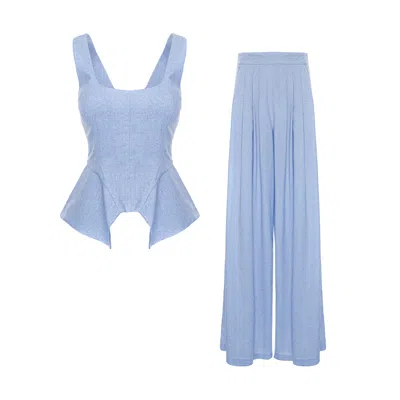 Bluzat Ocean Blue Linen-style Set With Wide Legs
