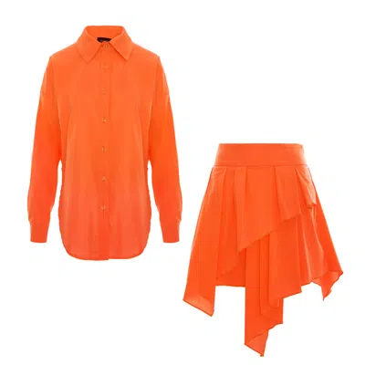 Bluzat Orange Asymmetrical Two-piece Set With Oversized Shirt
