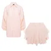Bluzat Pink Balloon Sleeve Shirt And Ruffled Shorts Set In Pink