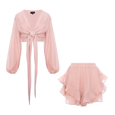 Bluzat Pink Dusty Rose Ruffle Two-piece Set With Balloon Sleeves