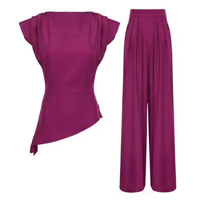 Bluzat Pink Elegant Fuchsia Fluid Viscose Crepe Set With Structured Shoulder Top And Palazzo Pants