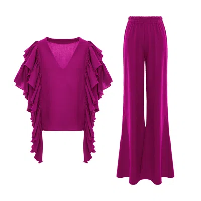 Bluzat Pink Fuchsia Co-ord Set With Ruffle Sleeve Top & Wide Leg Trousers