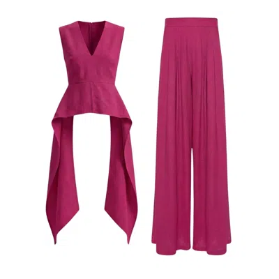 Bluzat Pink Fuchsia Linen Peplum Top & Wide-leg Trousers Set