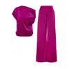Bluzat Pink / Purple Fuchsia Set With Asymmetrical Draped Top And Wide Leg Trousers In Pink/purple