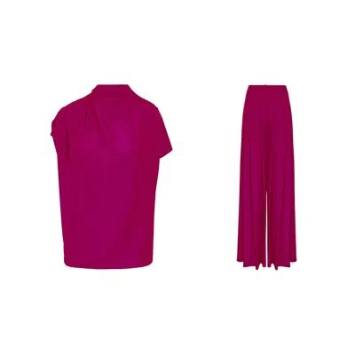 Bluzat Pink / Red / Purple Fucsia Draped Top And Pleated Pants Set In Multi