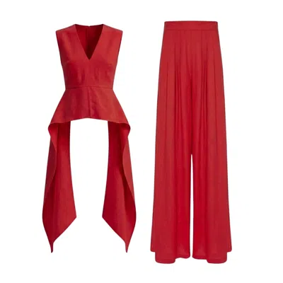 Bluzat Red Linen Peplum Top & Wide-leg Trousers Set