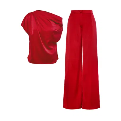 Bluzat Red Set With Asymmetrical Draped Top And Wide Leg Trousers