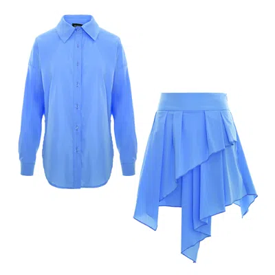 Bluzat Sky Blue Asymmetrical Two-piece Set With Oversized Shirt