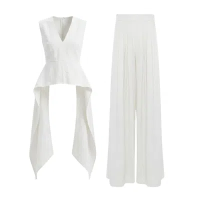 Bluzat White Linen Peplum Top & Wide-leg Trousers Set