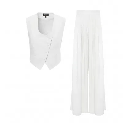Bluzat White Linen Set With Fitted Vest And Wide-leg Trousers