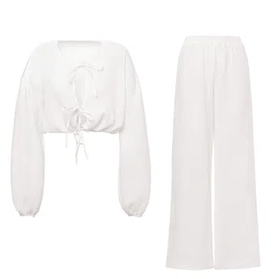Bluzat White Matching Set With Blouse With Bows And Pants