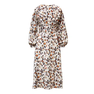 Bluzat Women's Animal Print Midi Dress With Shoulder Pads Detail And Pleats In Multi