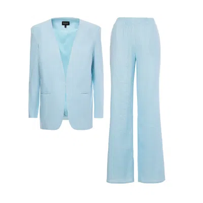 Bluzat Women's Baby Blue Linen Suit With Blazer And Straight Trousers