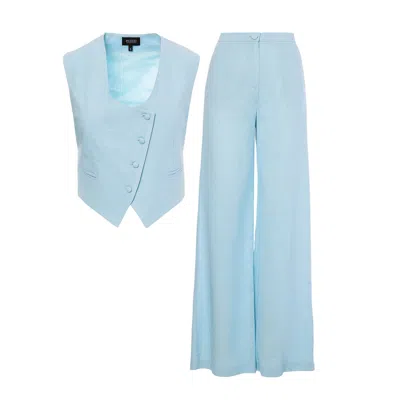 Bluzat Women's Baby Blue Linen Suit With Cut-out Vest And Straight-cut Trousers